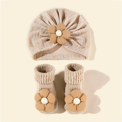 Baby Girls Flower hat Socks Set Cute Newborn Short Tube Sock+ Turban Hat Elastic Soft Infant Indian Caps 0-12M - Merit Sell