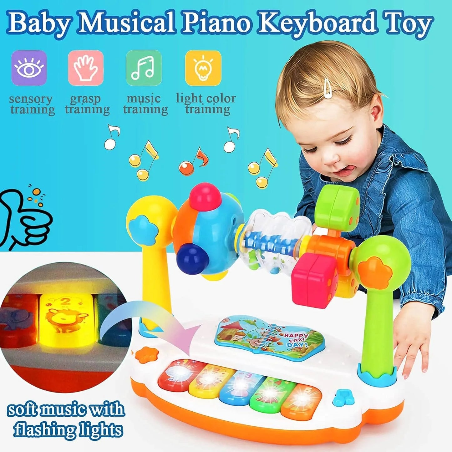 Baby Piano Toys Kids Rotating Music Piano Keyboard with Light Sound, Musical Toys for Toddlers, Early Educational Music Toy - Merit Sell