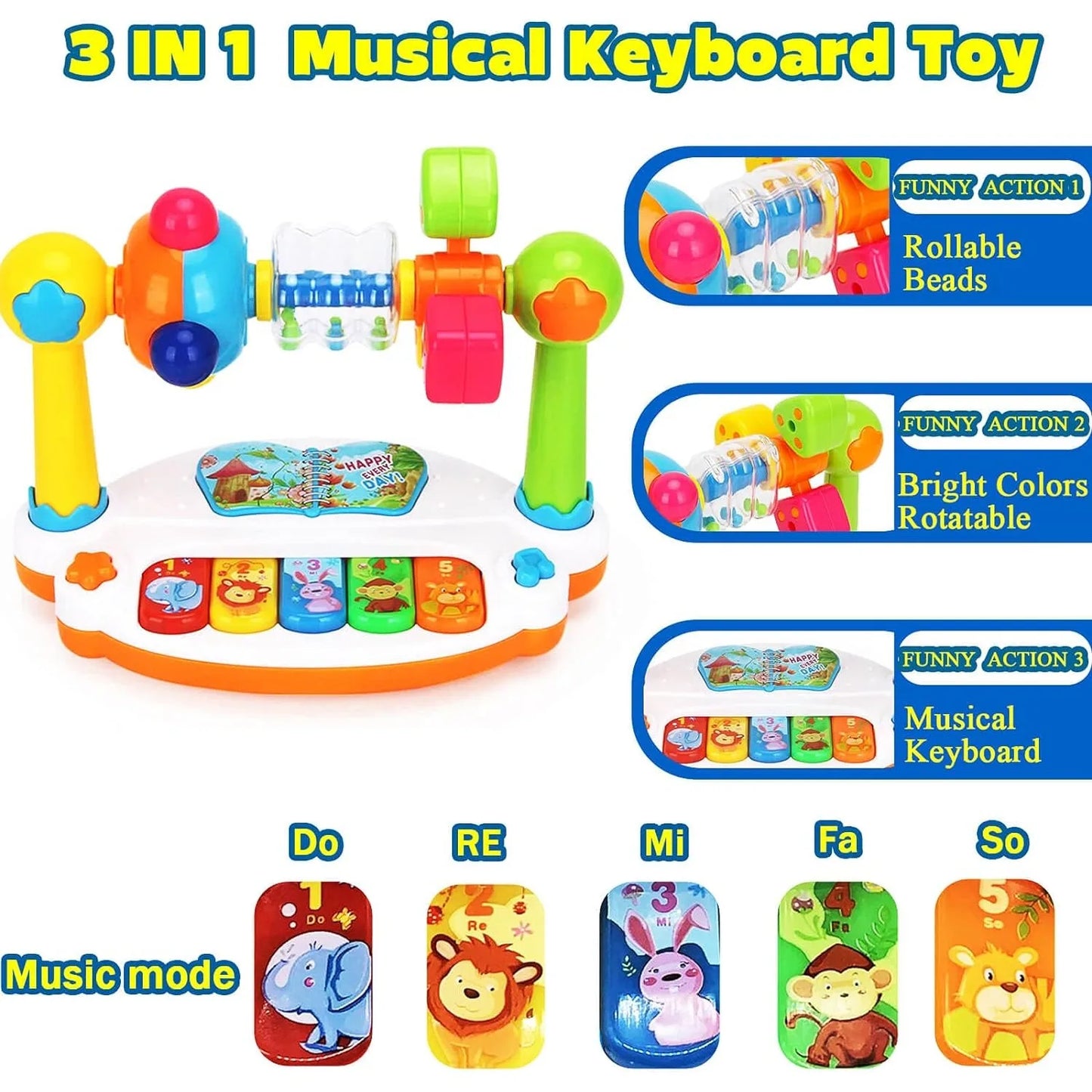 Baby Piano Toys Kids Rotating Music Piano Keyboard with Light Sound, Musical Toys for Toddlers, Early Educational Music Toy - Merit Sell