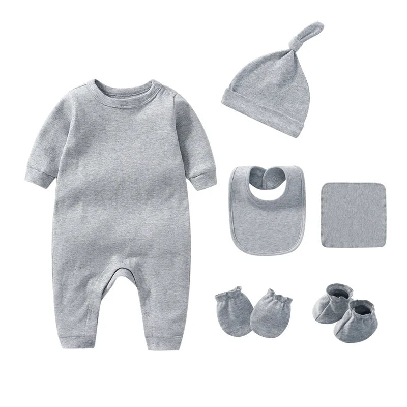 Baby Rompers+hats+bibs+socks 5pcs Cotton Newborn Baby Clothes Summer Solid Baby Girl Clothing Sets 0-2 Year Bebe Jumpsuit - Merit Sell