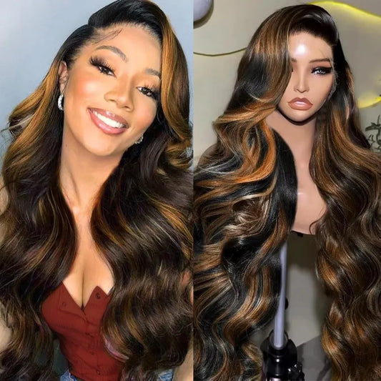 Balayage Brown Highlight 13x6 Hd Lace Frontal Wig Human Hair 30 Inch Pre Plucked Pre Cut Pre 220% Density 1b30 Human Hair Wigs - Merit Sell