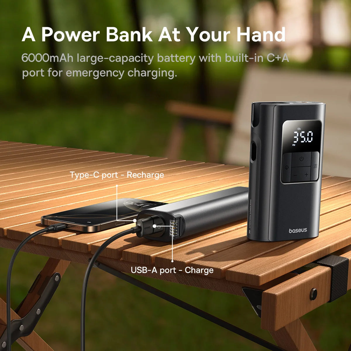 Baseus 2 in 1 Car Air Pump Wired/Wireless Car Air Compressor Dethable Flashlight 6000mAh Power Bank Portable Tire Inflator Pump - Merit Sell