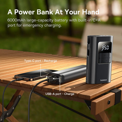 Baseus 2 in 1 Car Air Pump Wired/Wireless Car Air Compressor Dethable Flashlight 6000mAh Power Bank Portable Tire Inflator Pump - Merit Sell