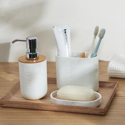 Bathroom Accessories Set Soap Dispenser Bottle Dish Washroom Toothbrush Holder Cup Suit Lotion Rack Toilet Brush Garbage Can - Merit Sell