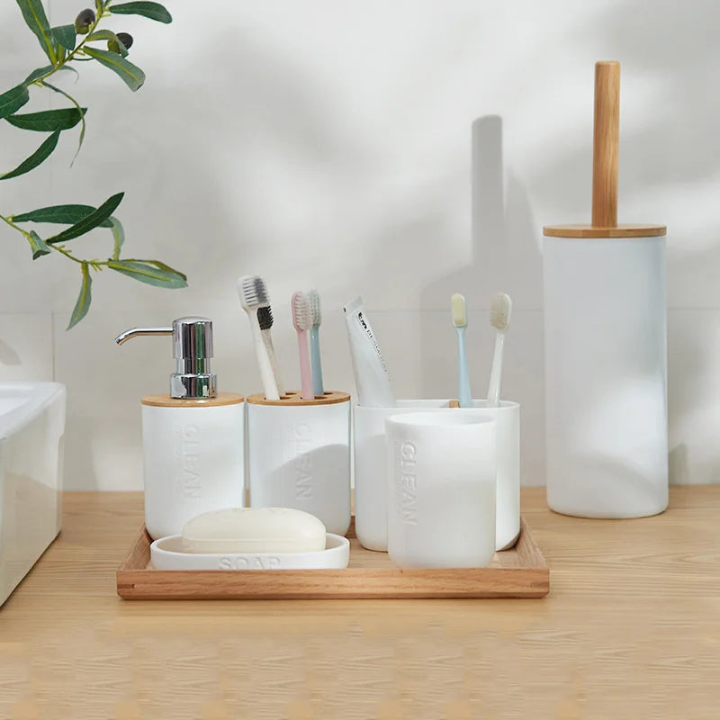 Bathroom Accessories Set Soap Dispenser Bottle Dish Washroom Toothbrush Holder Cup Suit Lotion Rack Toilet Brush Garbage Can - Merit Sell