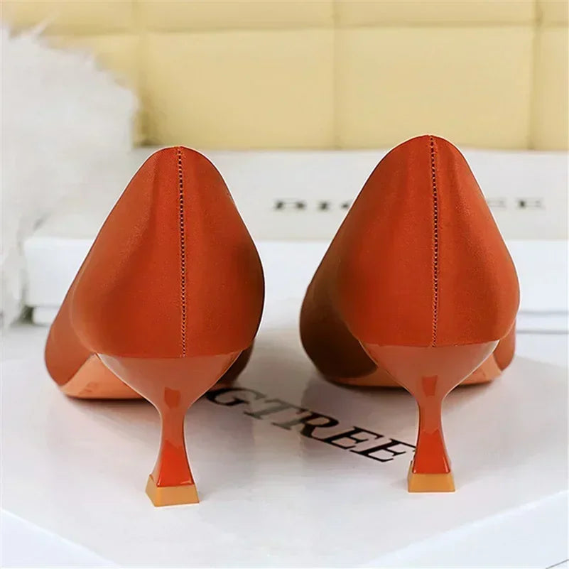 Big Size 34-43 Women Silk Versatile Middle Low Kitten Heels Shoes Lady 5.5cm High Heels Basic Office Work Satin Dark Green Pumps - Merit Sell
