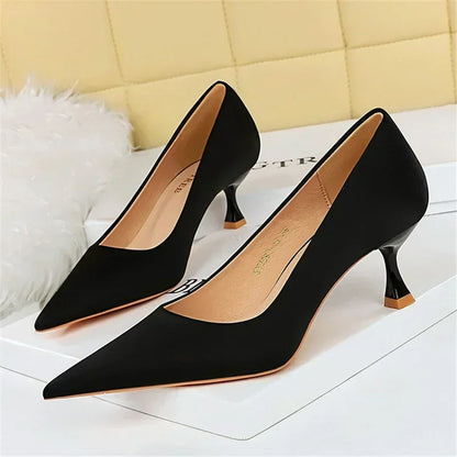 Big Size 34-43 Women Silk Versatile Middle Low Kitten Heels Shoes Lady 5.5cm High Heels Basic Office Work Satin Dark Green Pumps - Merit Sell