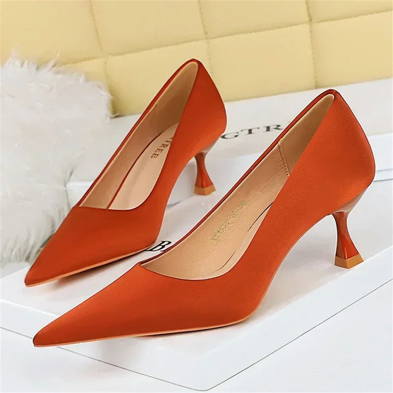 Big Size 34-43 Women Silk Versatile Middle Low Kitten Heels Shoes Lady 5.5cm High Heels Basic Office Work Satin Dark Green Pumps - Merit Sell