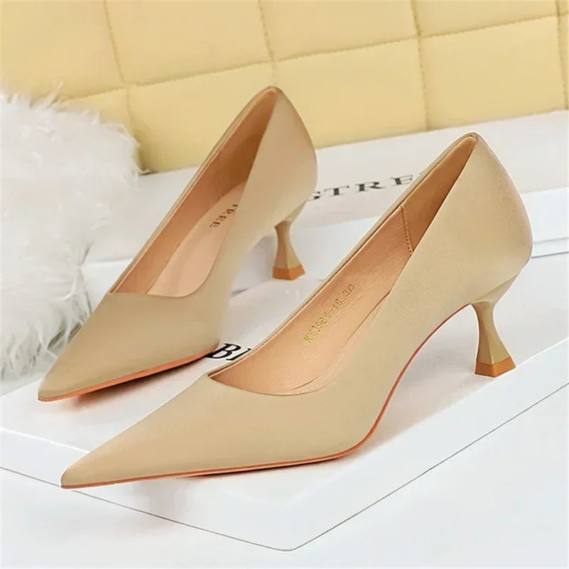 Big Size 34-43 Women Silk Versatile Middle Low Kitten Heels Shoes Lady 5.5cm High Heels Basic Office Work Satin Dark Green Pumps - Merit Sell