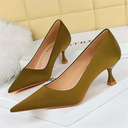 Big Size 34-43 Women Silk Versatile Middle Low Kitten Heels Shoes Lady 5.5cm High Heels Basic Office Work Satin Dark Green Pumps - Merit Sell