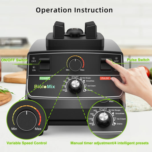 BioloMix 2200W Professional Smart Timer Pre-programed Blender, 2L round jar, Mixer Juicer Food Processor Ice Smoothies Crusher - Merit Sell