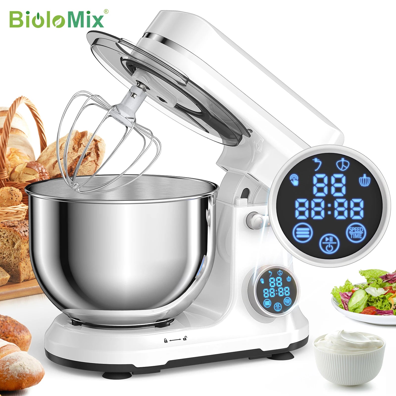 BioloMix Kitchen Food Stand Mixer, 1200W 11-Speeds DC Motor, Digital OLED Screen, Electric Food Mixer with Dough Hook, Whisk - Merit Sell