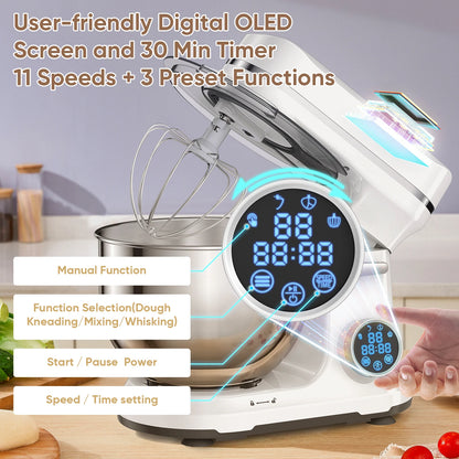BioloMix Kitchen Food Stand Mixer, 1200W 11-Speeds DC Motor, Digital OLED Screen, Electric Food Mixer with Dough Hook, Whisk - Merit Sell