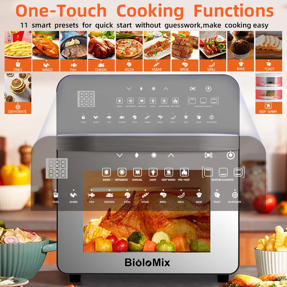 BioloMix Stainless Steel Dual Heating Air Fryer Oven Oil Free, Toaster Rotisserie and Dehydrator, 11 in 1, 15 L, 1700 W - Merit Sell