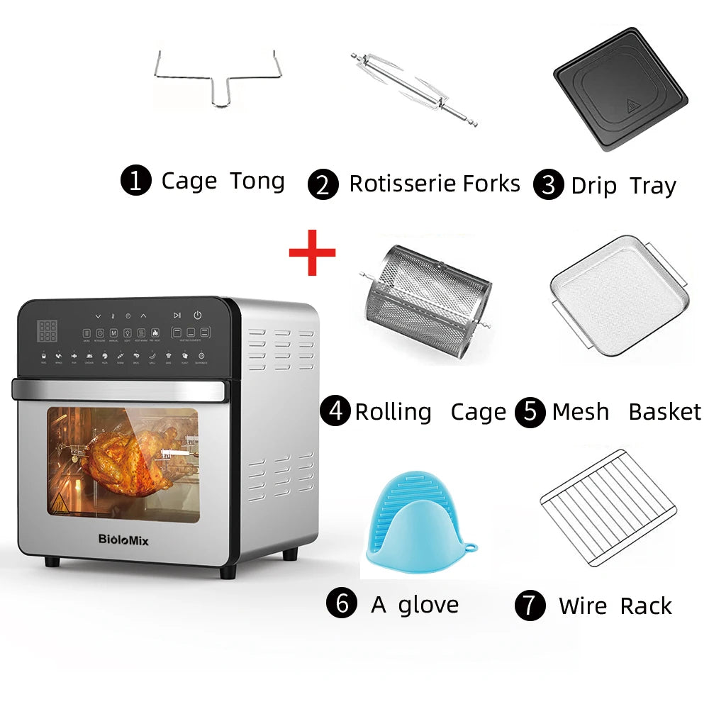 BioloMix Stainless Steel Dual Heating Air Fryer Oven Oil Free, Toaster Rotisserie and Dehydrator, 11 in 1, 15 L, 1700 W - Merit Sell
