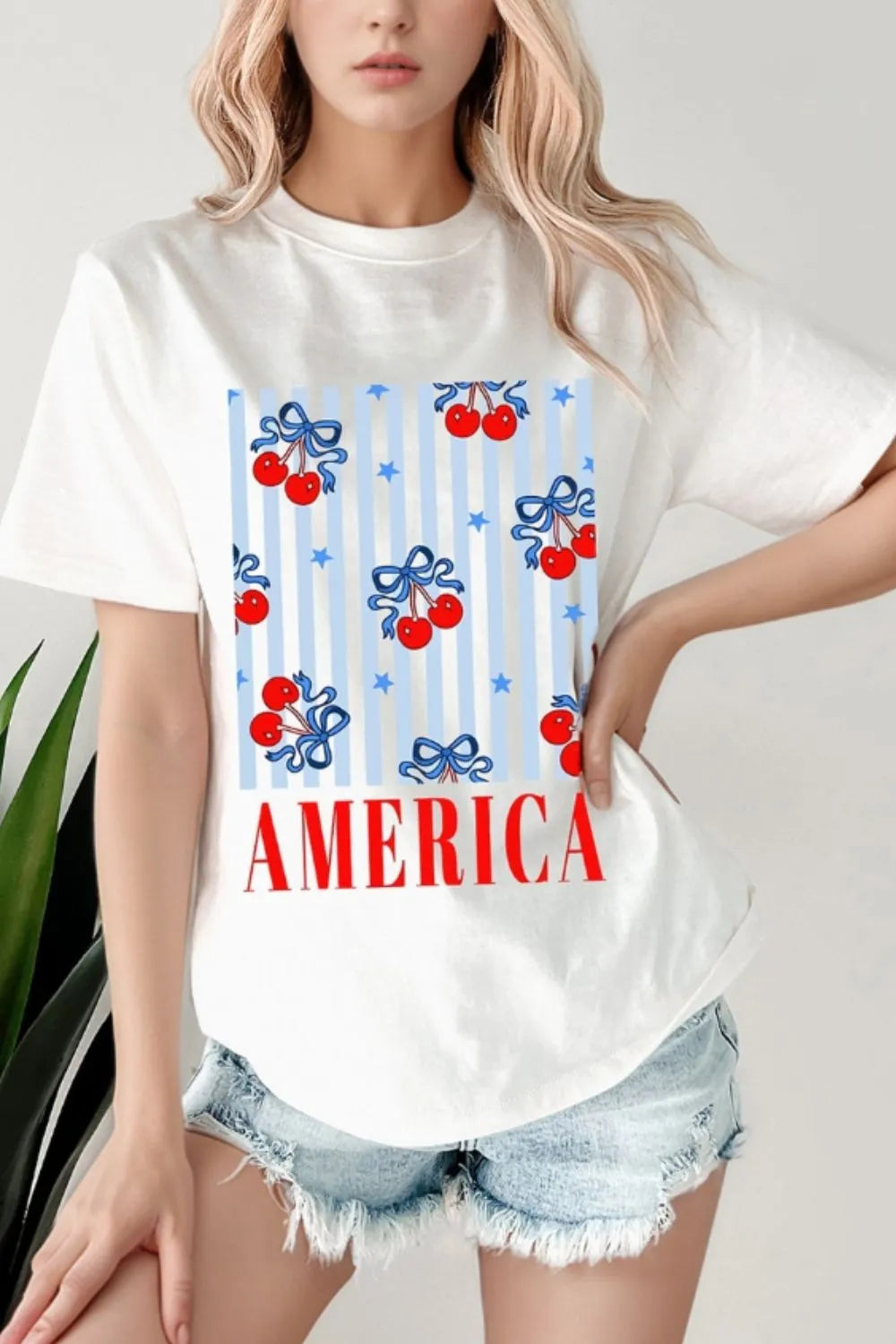 Bow Cherry AMERICA Graphic Crewneck Patriotic T Shirt - Merit Sell