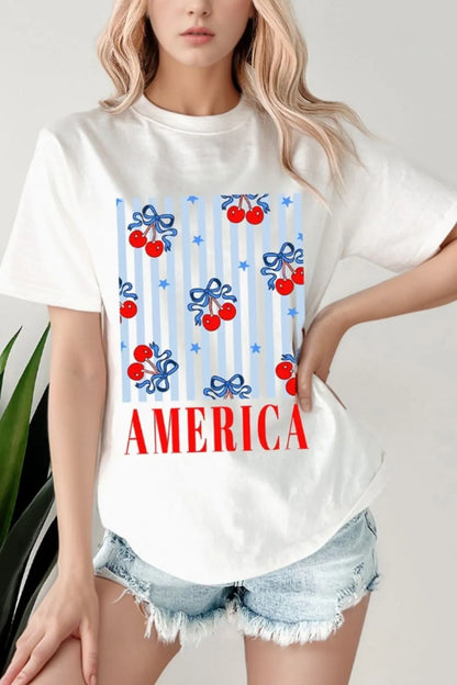 Bow Cherry AMERICA Graphic Crewneck Patriotic T Shirt - Merit Sell