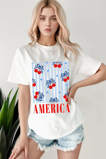 Bow Cherry AMERICA Graphic Crewneck Patriotic T Shirt - Merit Sell