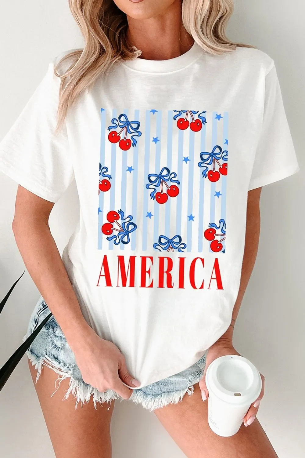 Bow Cherry AMERICA Graphic Crewneck Patriotic T Shirt - Merit Sell