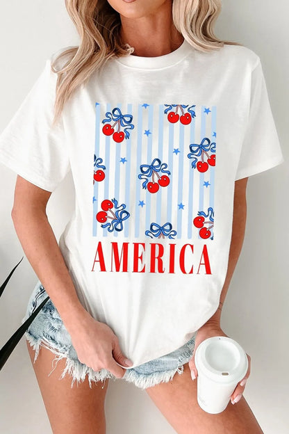 Bow Cherry AMERICA Graphic Crewneck Patriotic T Shirt - Merit Sell