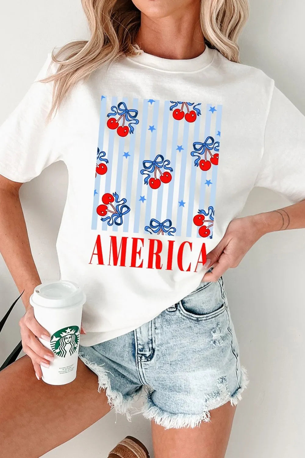Bow Cherry AMERICA Graphic Crewneck Patriotic T Shirt - Merit Sell