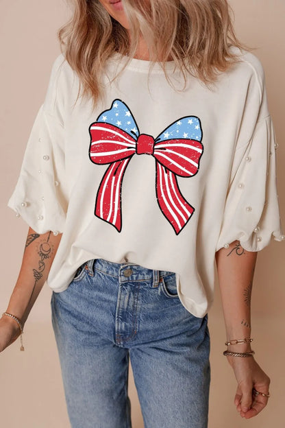 Bowknot Graphic Pearl Puff Half Sleeve T Shirt - Merit Sell