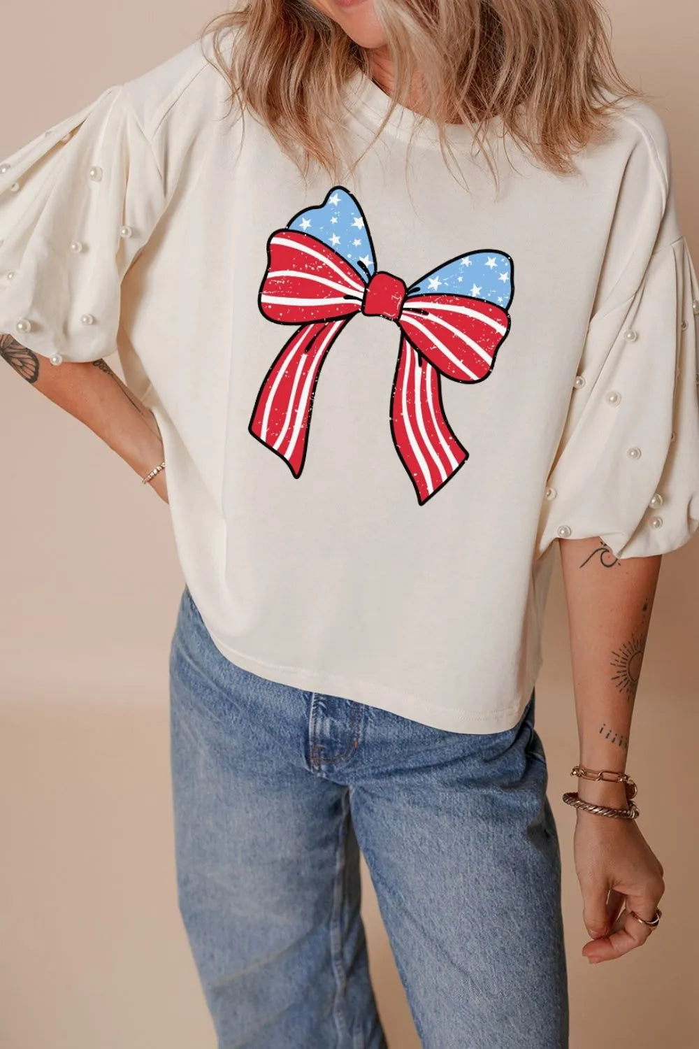 Bowknot Graphic Pearl Puff Half Sleeve T Shirt - Merit Sell