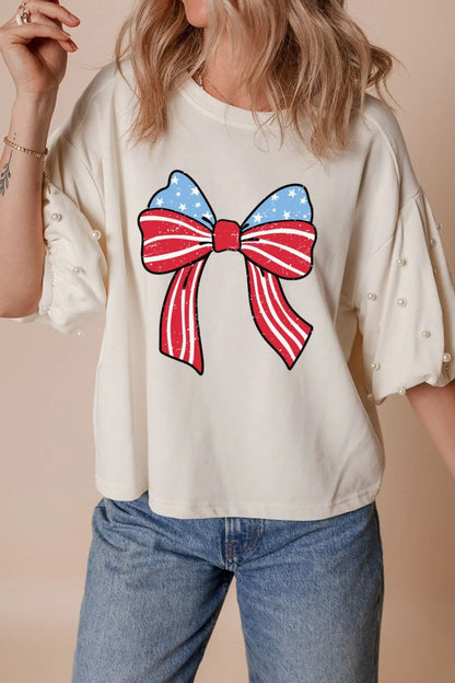 Bowknot Graphic Pearl Puff Half Sleeve T Shirt - Merit Sell