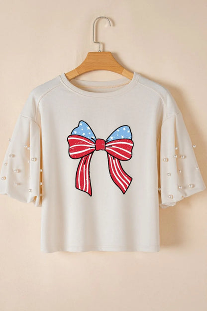 Bowknot Graphic Pearl Puff Half Sleeve T Shirt - Merit Sell