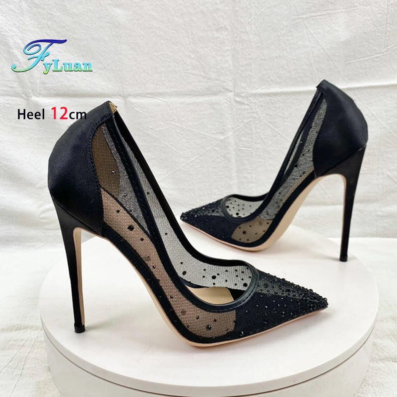 Breathable Mesh Rhinestone Shoes Women 8CM 10CM 12CM Stiletto Pumps Fashion Pointed Toe Summer Evening Party High Heels Black - Merit Sell