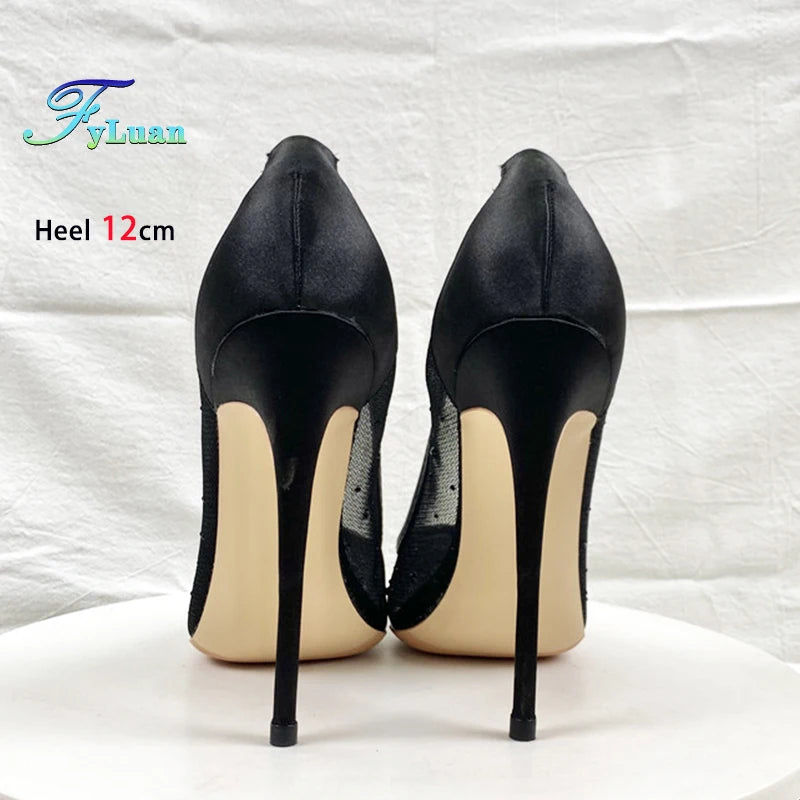 Breathable Mesh Rhinestone Shoes Women 8CM 10CM 12CM Stiletto Pumps Fashion Pointed Toe Summer Evening Party High Heels Black - Merit Sell