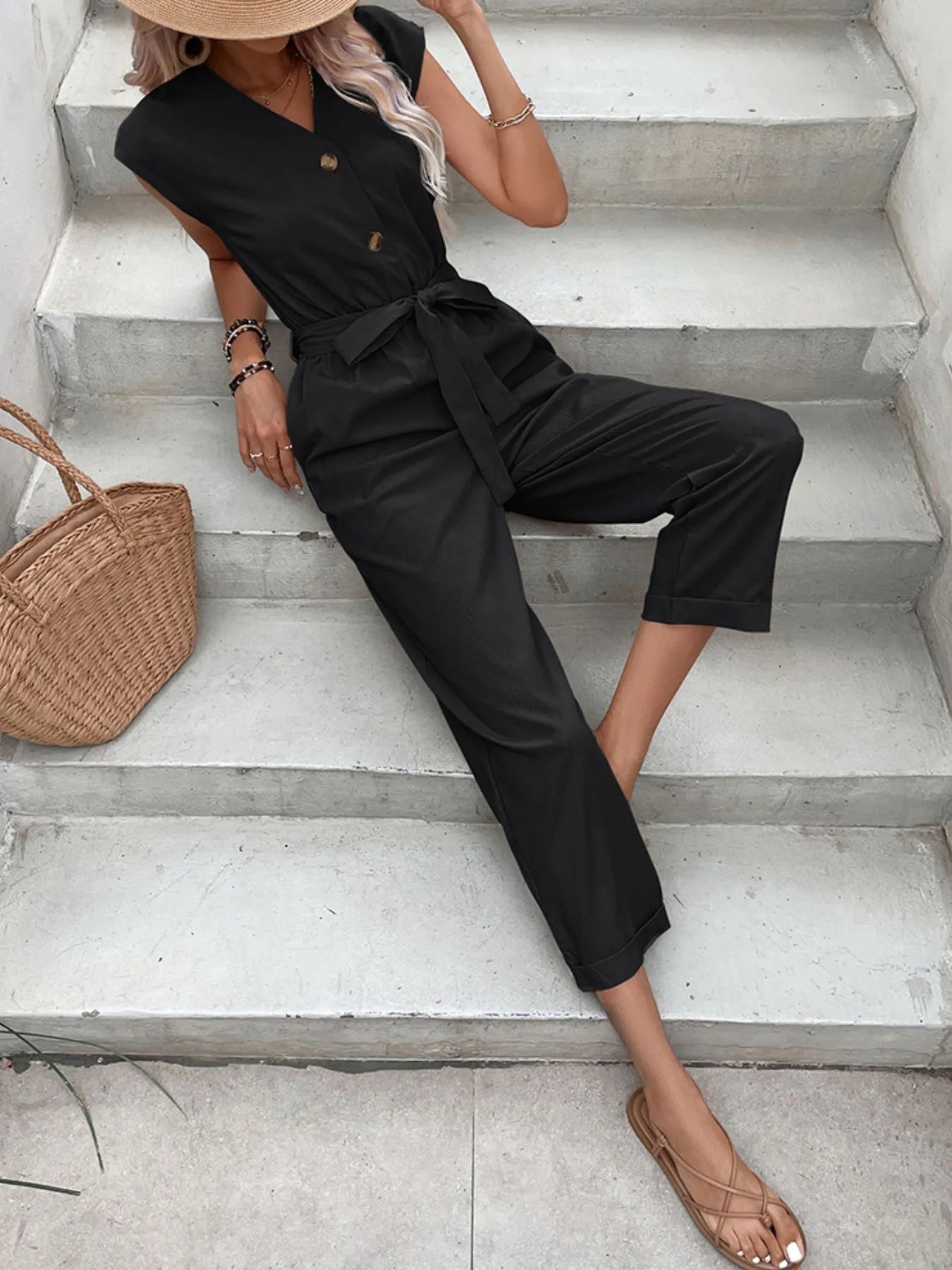 Button-Front Tie Waist Jumpsuit - Merit Sell
