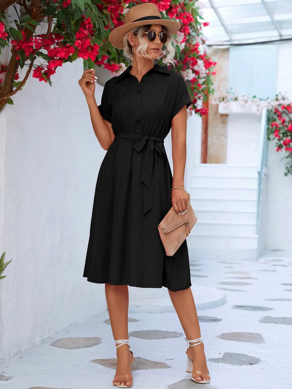 Buttoned Tie Waist Short Sleeve Dress - Merit Sell