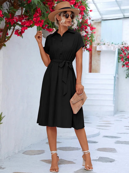 Buttoned Tie Waist Short Sleeve Dress - Merit Sell