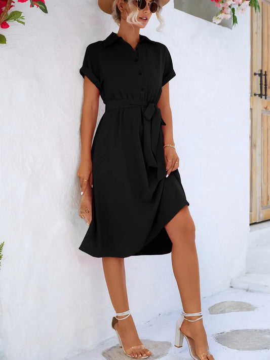 Buttoned Tie Waist Short Sleeve Dress - Merit Sell