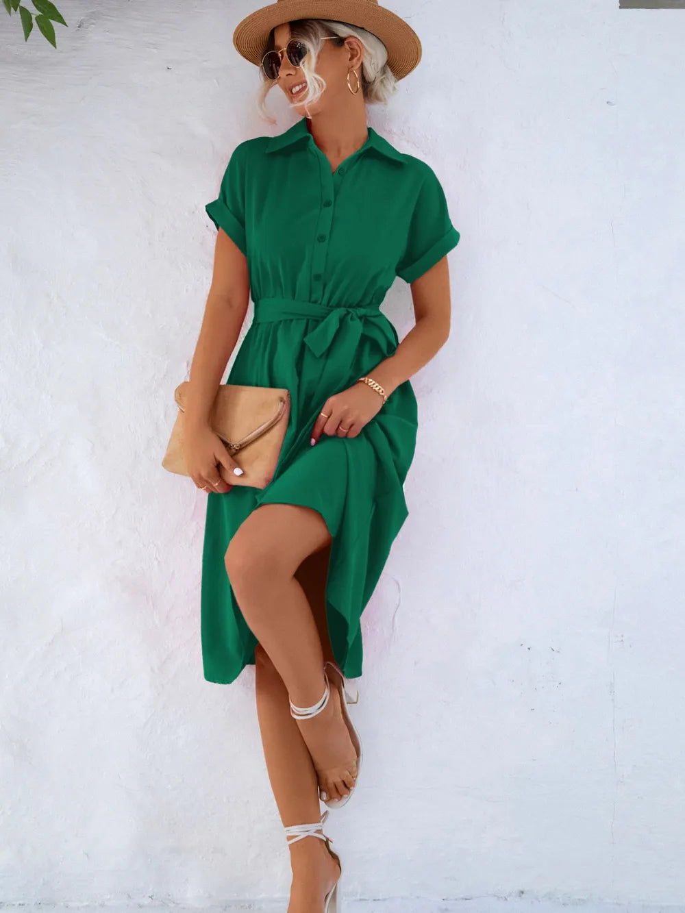 Buttoned Tie Waist Short Sleeve Dress - Merit Sell
