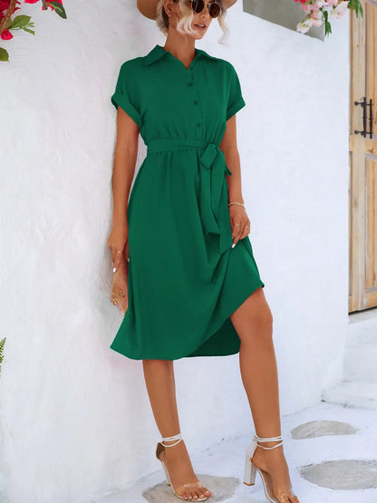 Buttoned Tie Waist Short Sleeve Dress - Merit Sell