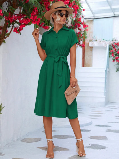 Buttoned Tie Waist Short Sleeve Dress - Merit Sell