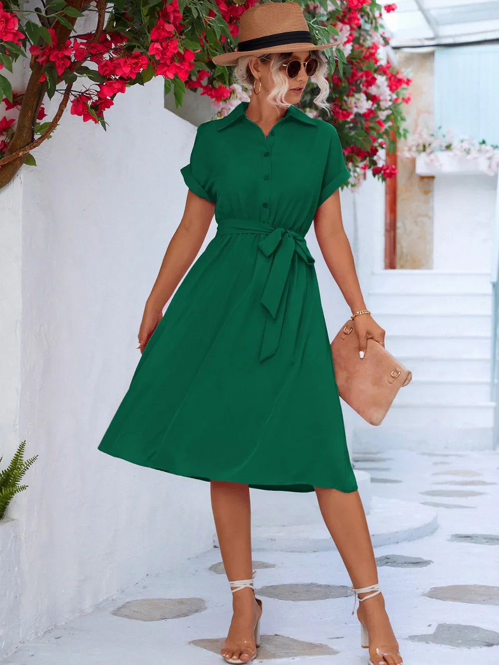 Buttoned Tie Waist Short Sleeve Dress - Merit Sell