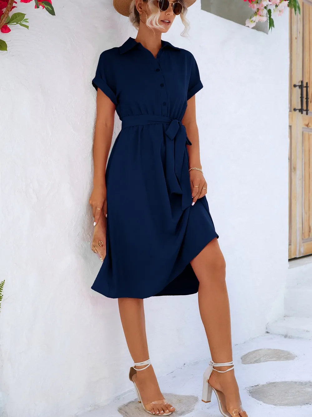 Buttoned Tie Waist Short Sleeve Dress - Merit Sell