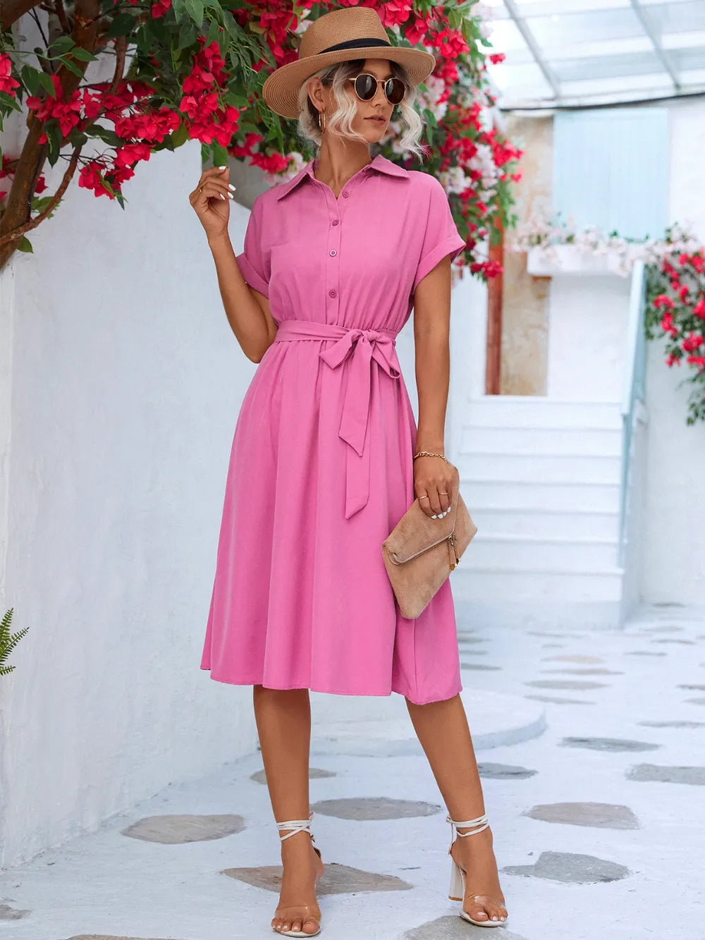 Buttoned Tie Waist Short Sleeve Dress - Merit Sell