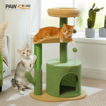 Cactus Cat Tree with Curved Perch Cozy Cat Condo Small Cat Tower with Removable Top Bed Cat Scratching Post for Indoor Cat Toys - Merit Sell