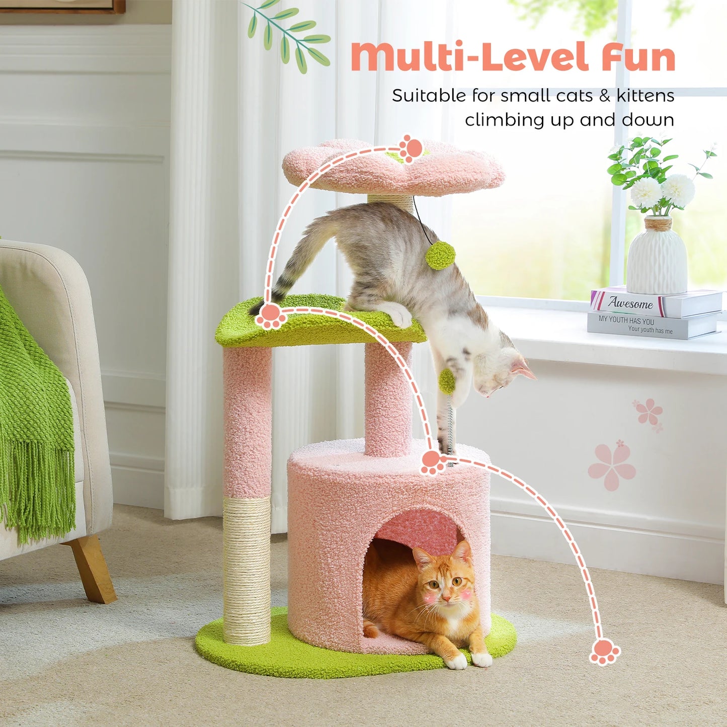 Cactus Cat Tree with Curved Perch Cozy Cat Condo Small Cat Tower with Removable Top Bed Cat Scratching Post for Indoor Cat Toys - Merit Sell
