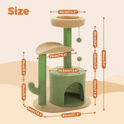 Cactus Cat Tree with Curved Perch Cozy Cat Condo Small Cat Tower with Removable Top Bed Cat Scratching Post for Indoor Cat Toys - Merit Sell