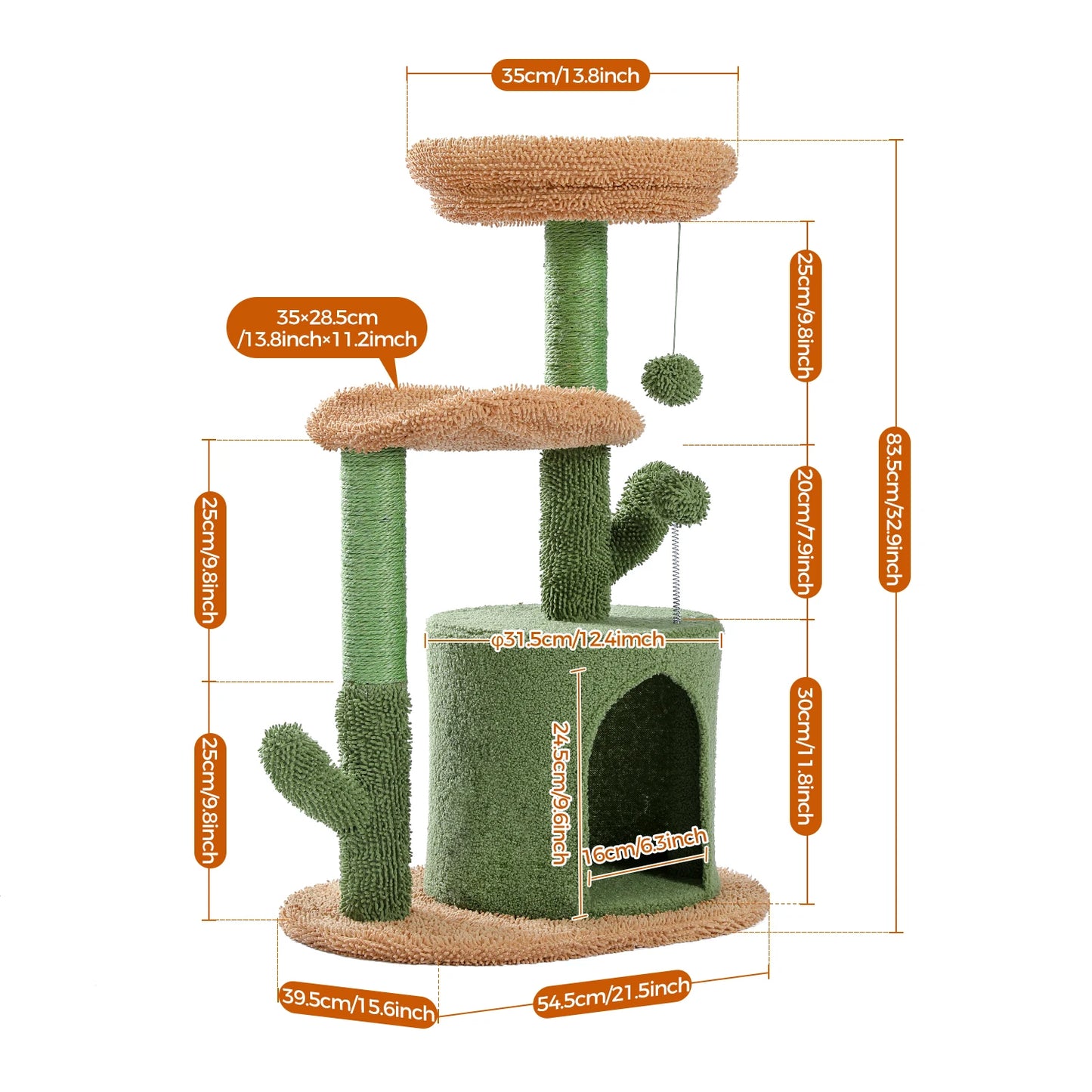 Cactus Cat Tree with Curved Perch Cozy Cat Condo Small Cat Tower with Removable Top Bed Cat Scratching Post for Indoor Cat Toys - Merit Sell
