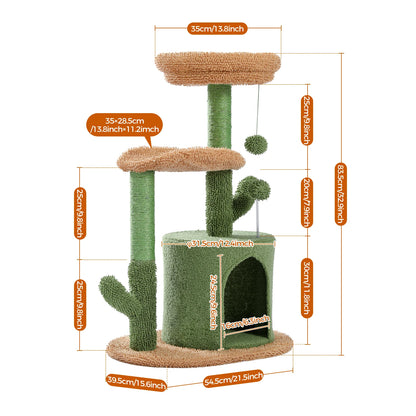 Cactus Cat Tree with Curved Perch Cozy Cat Condo Small Cat Tower with Removable Top Bed Cat Scratching Post for Indoor Cat Toys - Merit Sell