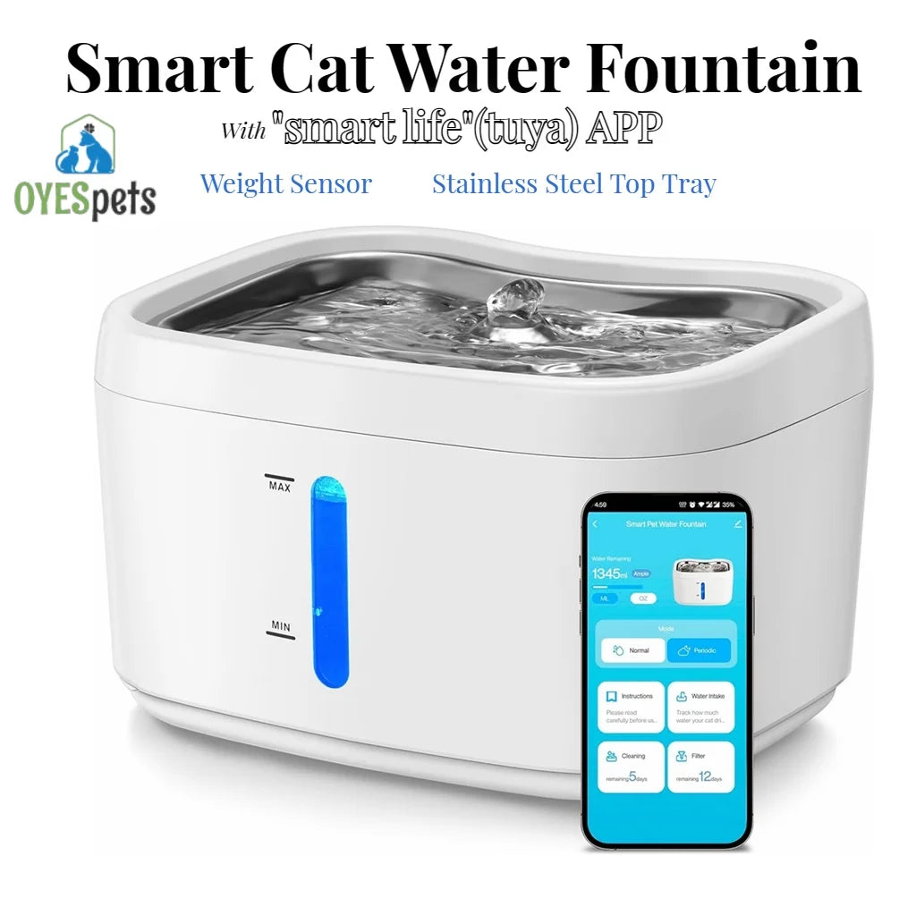 Cat Water Fountain with APP Wireless Connected 84oz/2.5L Automatic Pet Water Fountain with Stainless Steel Tray Weight Sensor - Merit Sell