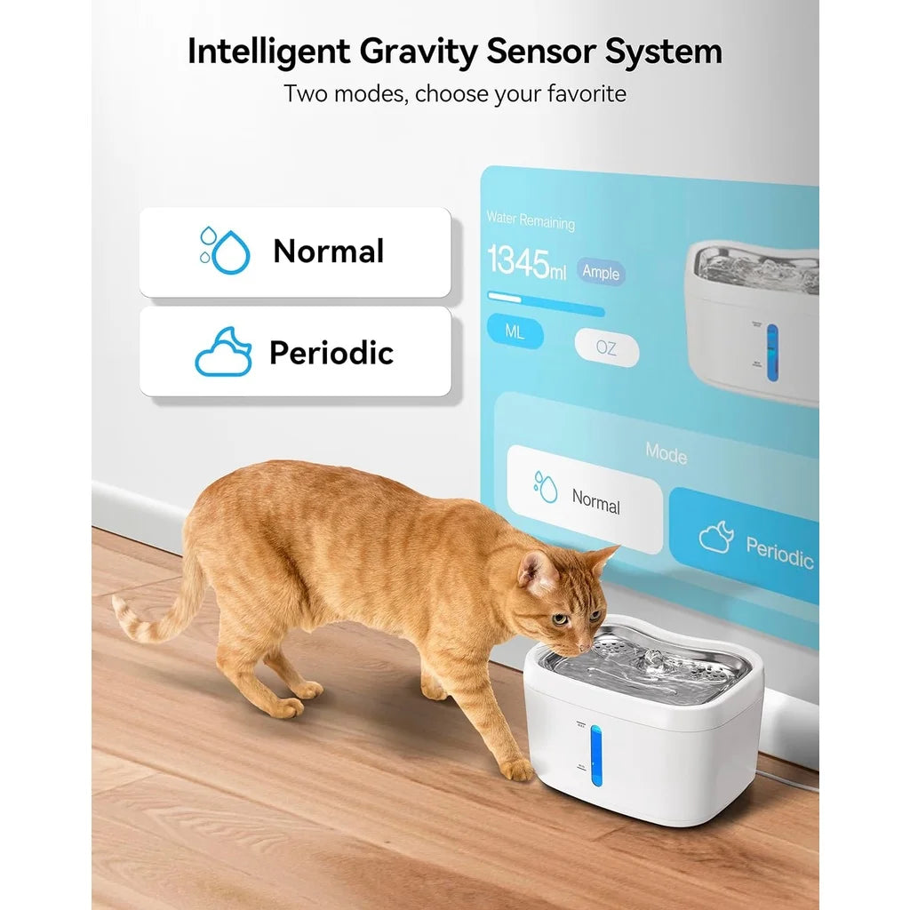 Cat Water Fountain with APP Wireless Connected 84oz/2.5L Automatic Pet Water Fountain with Stainless Steel Tray Weight Sensor - Merit Sell