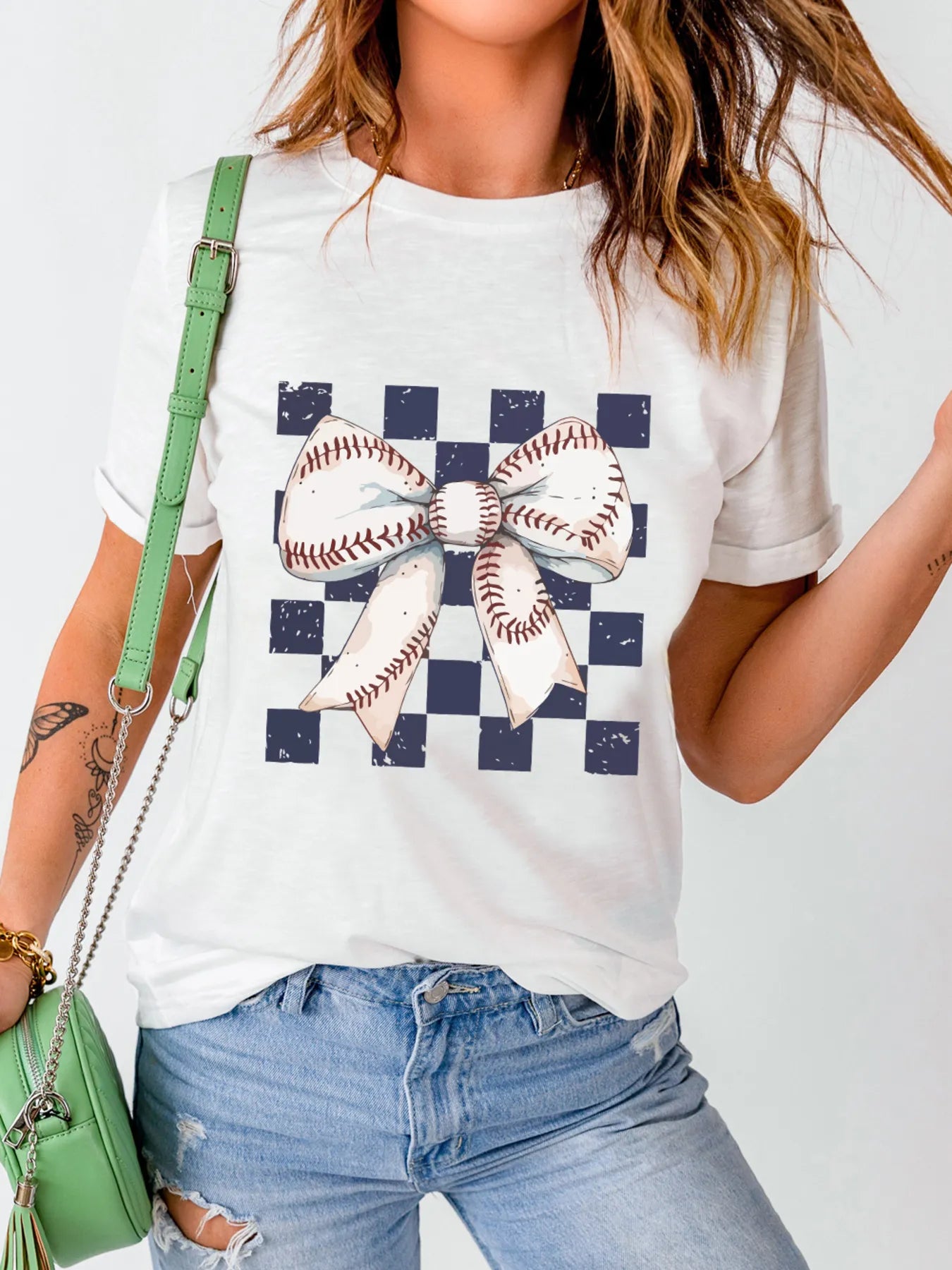Checkered Bowknot Graphic Crew Neck T Shirt - Merit Sell