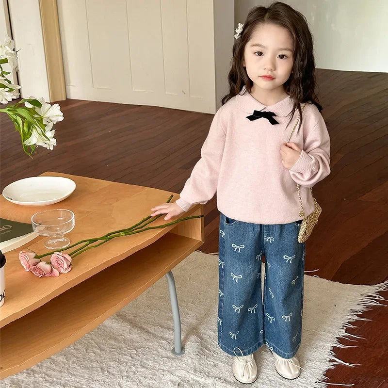 Childrens Clothing 2024 Autumn New Korean Bow Loose Jeans Trendy Girls Cute Clothes Teenage Girls Clothing - Merit Sell